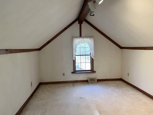 bonus room featuring lofted ceiling with beams, light carpet, baseboards, and visible vents
