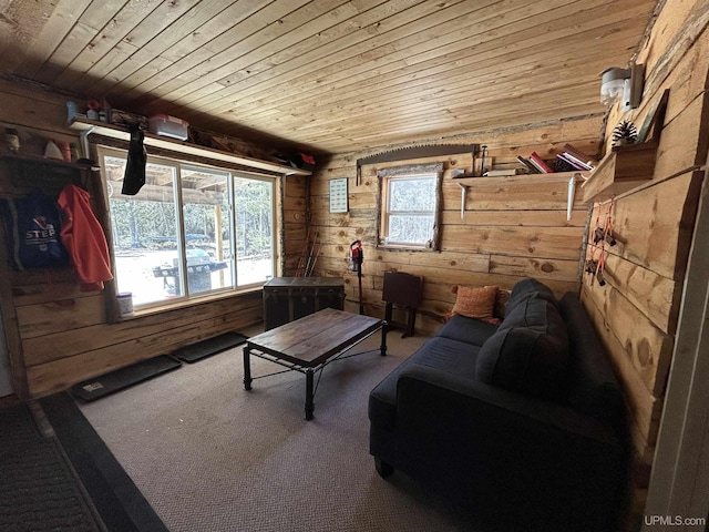 living room with wooden walls, wooden ceiling, and carpet flooring