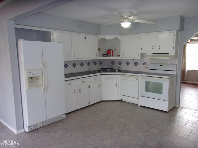 kitchen with backsplash, ceiling fan, open shelves, and white appliances