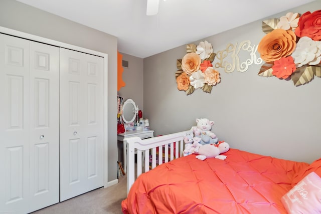 bedroom featuring carpet, a closet, a ceiling fan, and visible vents