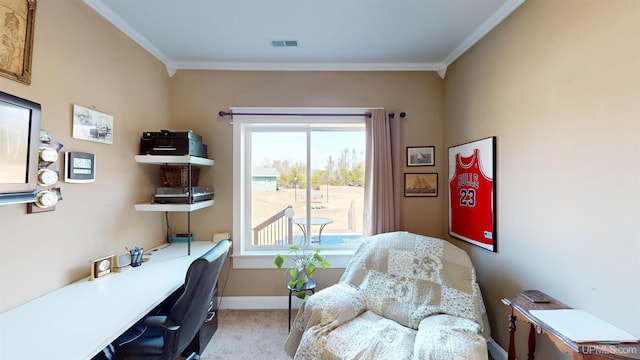 office with baseboards, visible vents, ornamental molding, and light colored carpet