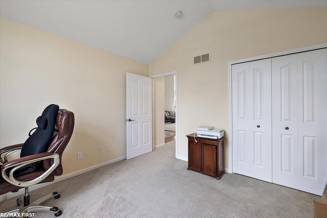 home office featuring light carpet, high vaulted ceiling, visible vents, and baseboards