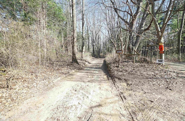 view of road featuring a forest view