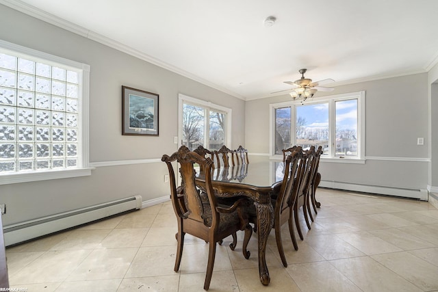 dining room featuring ornamental molding, a baseboard radiator, light tile patterned flooring, and baseboard heating
