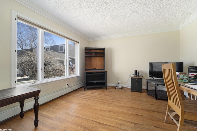office space featuring baseboards, light wood-type flooring, ornamental molding, and a textured ceiling