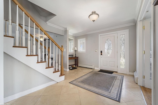 tiled foyer with baseboards, stairway, a baseboard heating unit, and ornamental molding