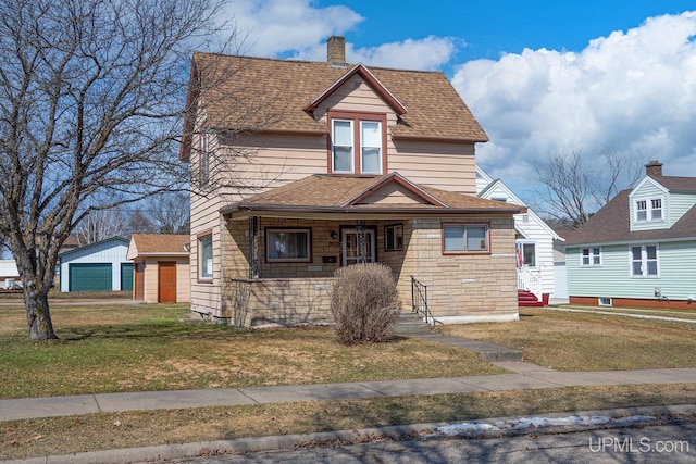 view of front facade featuring a porch, a front lawn, roof with shingles, and a chimney