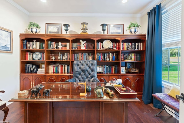 home office featuring dark wood-style flooring, crown molding, and recessed lighting