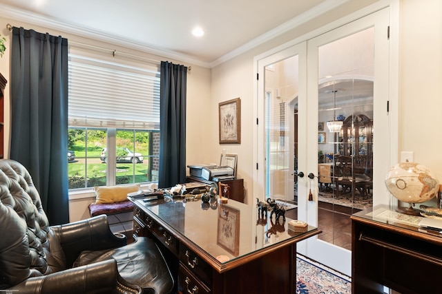 office with french doors, recessed lighting, and crown molding
