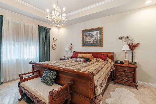 bedroom with baseboards, crown molding, light colored carpet, and a notable chandelier