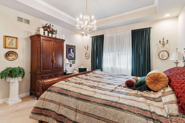 bedroom with visible vents, crown molding, baseboards, a chandelier, and light colored carpet