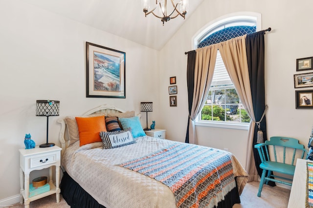 carpeted bedroom featuring vaulted ceiling and a notable chandelier