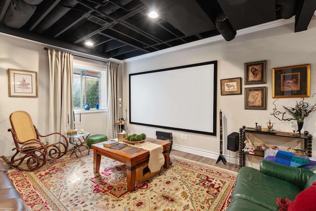 cinema with baseboards and wood finished floors