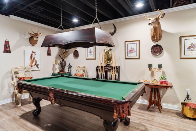 recreation room with baseboards, wood finished floors, and pool table