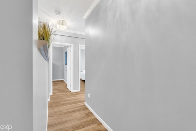 hall with baseboards, ornamental molding, a chandelier, and light wood-style flooring