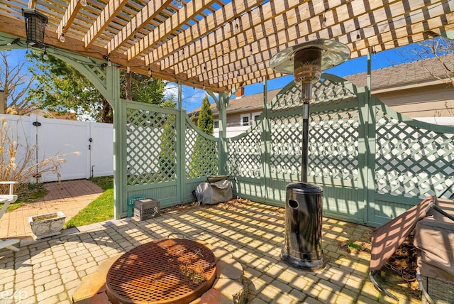 view of patio / terrace featuring a pergola, a fenced backyard, and a gate