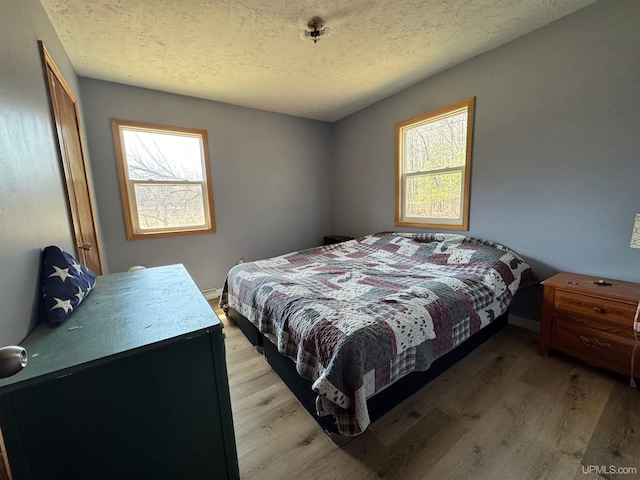 bedroom with a closet, light wood-type flooring, a textured ceiling, and multiple windows