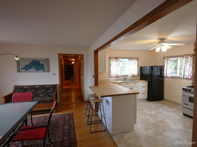 kitchen featuring high end stainless steel range, a sink, a healthy amount of sunlight, white cabinetry, and freestanding refrigerator