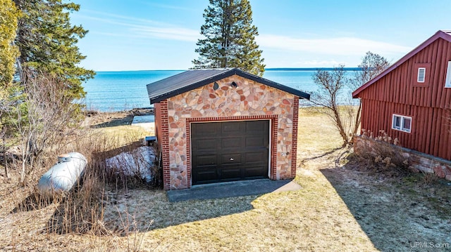 garage with a water view