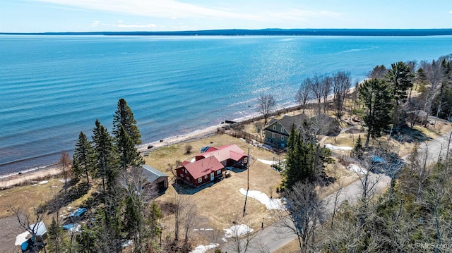 drone / aerial view with a water view