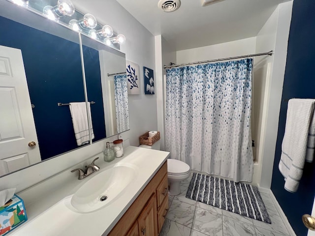 bathroom with vanity, shower / tub combo with curtain, marble finish floor, toilet, and visible vents