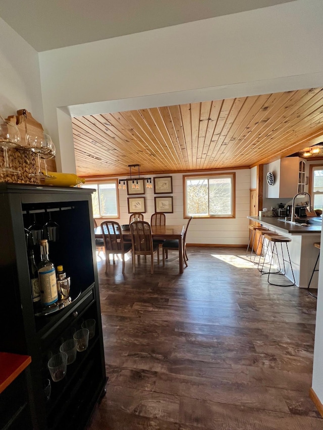 dining space with wood ceiling, wood walls, and dark wood-style floors