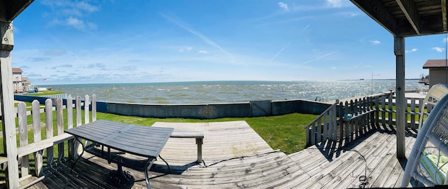 wooden deck featuring a lawn and a water view