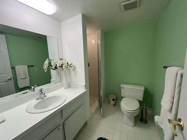 bathroom with a stall shower, vanity, toilet, tile patterned flooring, and visible vents