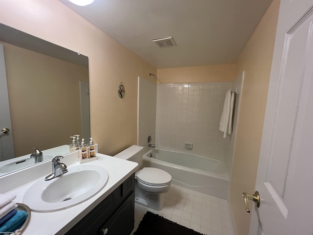 bathroom featuring tile patterned flooring, shower / bathtub combination, visible vents, toilet, and vanity
