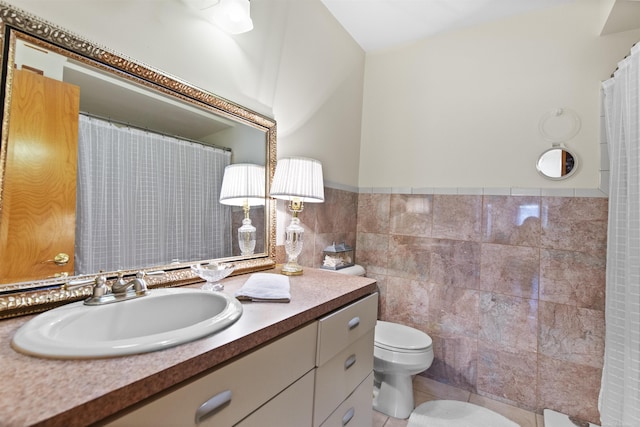 6728 Frith Rd, Smiths Creek, MI 48079 - bathroom with tile patterned flooring, tile walls, toilet, vanity, and curtained shower