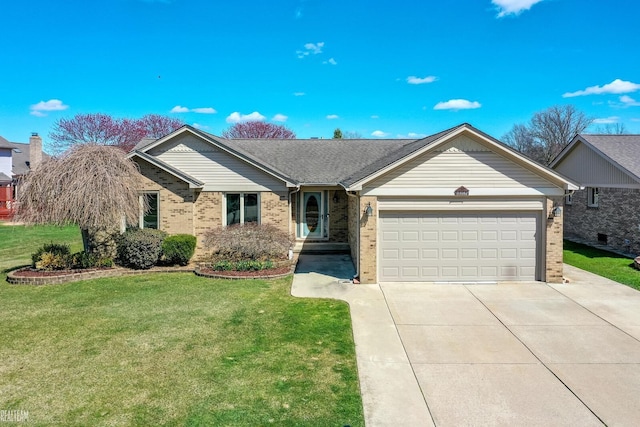 ranch-style house with brick siding, an attached garage, driveway, and a front yard