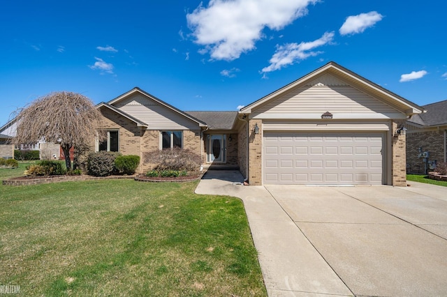 single story home with brick siding, driveway, a front yard, and a garage