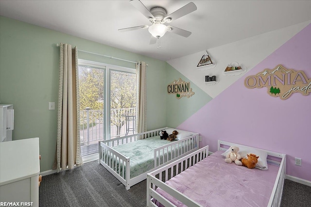 bedroom featuring baseboards, carpet, and ceiling fan
