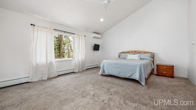 carpeted bedroom featuring a baseboard radiator, lofted ceiling, ceiling fan, and a wall unit AC