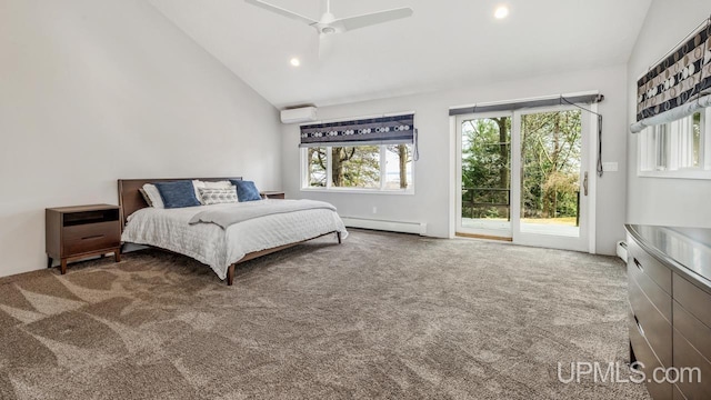 carpeted bedroom featuring baseboard heating, a wall mounted AC, access to outside, high vaulted ceiling, and ceiling fan