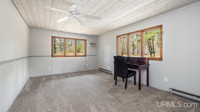 carpeted office featuring a baseboard heating unit, a wall mounted AC, a ceiling fan, and wood ceiling