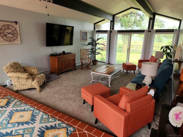 carpeted living area featuring lofted ceiling with beams