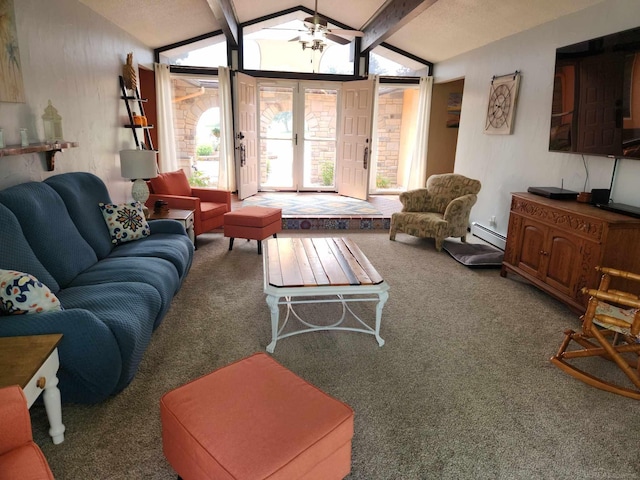 living area with vaulted ceiling with beams, carpet floors, and baseboard heating