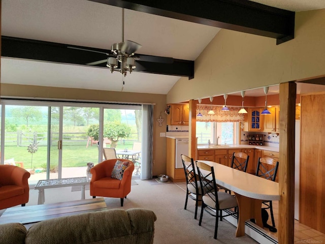 living area featuring baseboard heating, ceiling fan, light carpet, and vaulted ceiling with beams