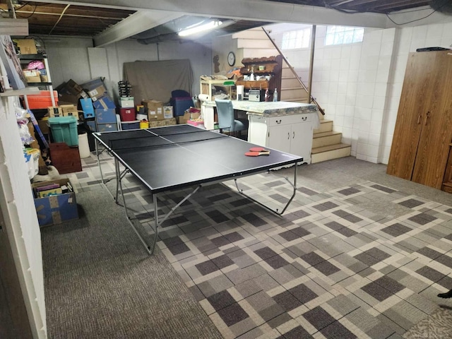 playroom featuring light colored carpet