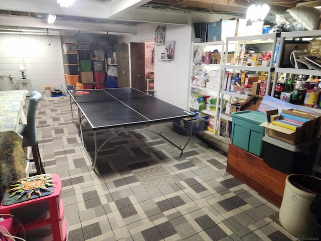 rec room featuring concrete block wall