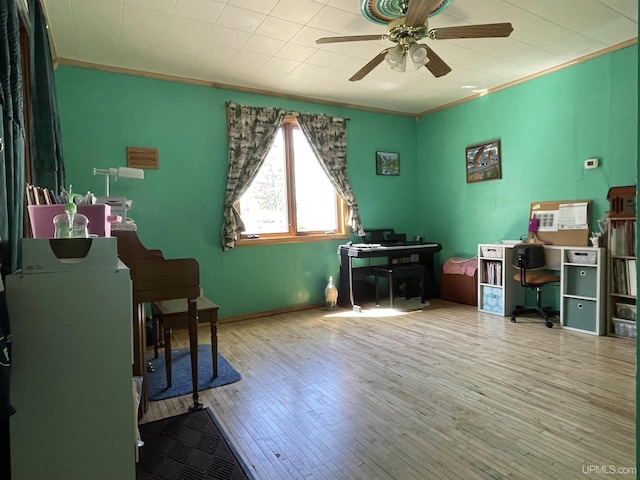 office featuring a ceiling fan, ornamental molding, and wood-type flooring