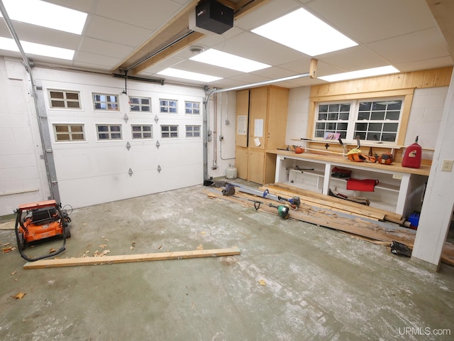 garage with a garage door opener and a workshop area