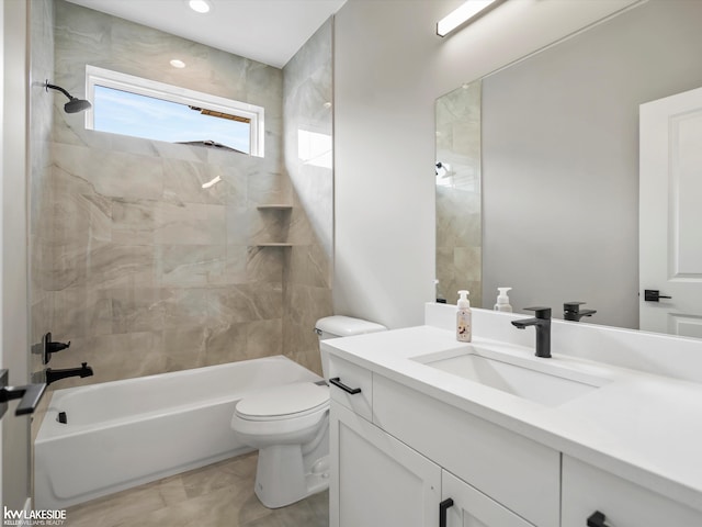 full bath with marble finish floor, toilet, shower / bathtub combination, and vanity