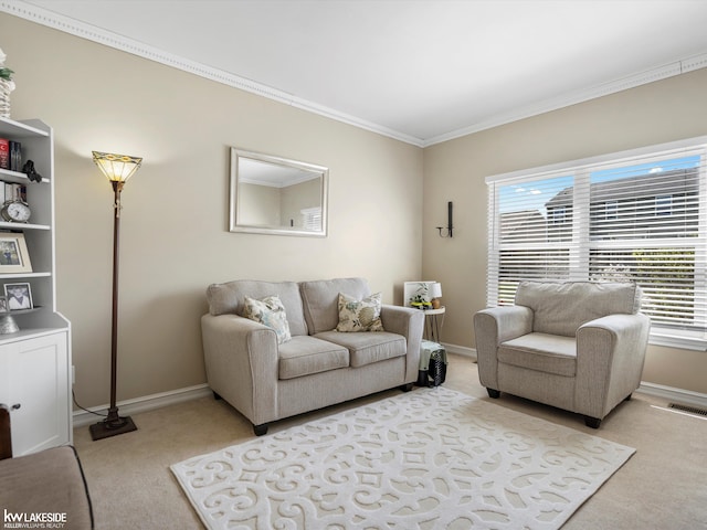 living room featuring plenty of natural light, visible vents, crown molding, and light colored carpet