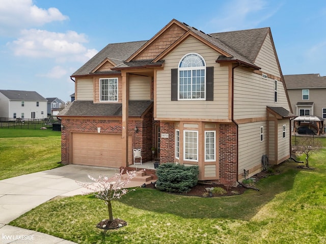 view of front facade with driveway, fence, a garage, brick siding, and roof with shingles