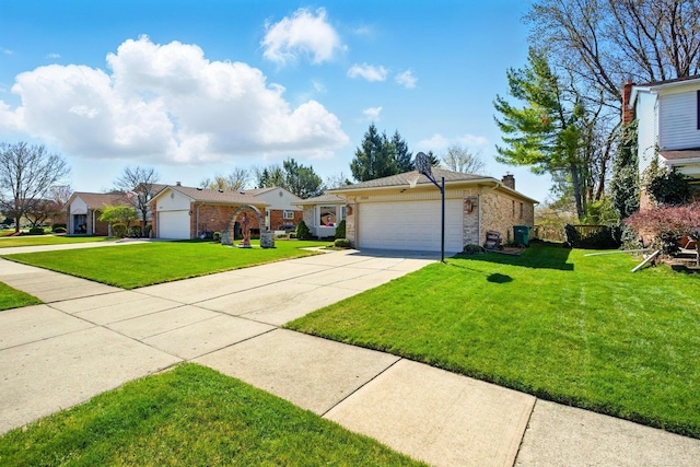 ranch-style house featuring brick siding, an attached garage, a front yard, and concrete driveway