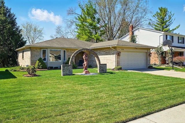 ranch-style home featuring concrete driveway, a front lawn, brick siding, and a garage