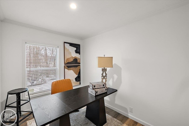 office featuring crown molding, baseboards, and wood finished floors