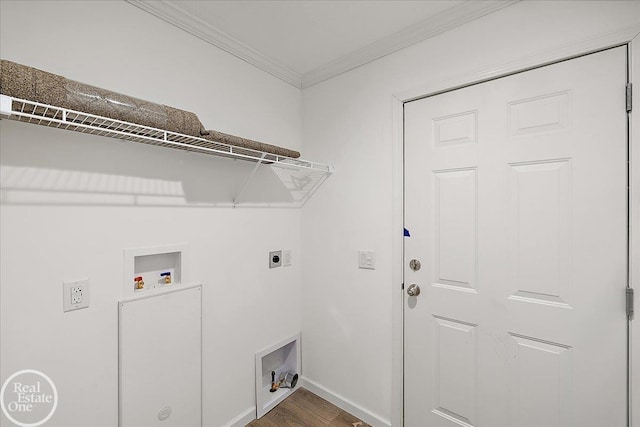 laundry area with crown molding, laundry area, washer hookup, electric dryer hookup, and wood finished floors